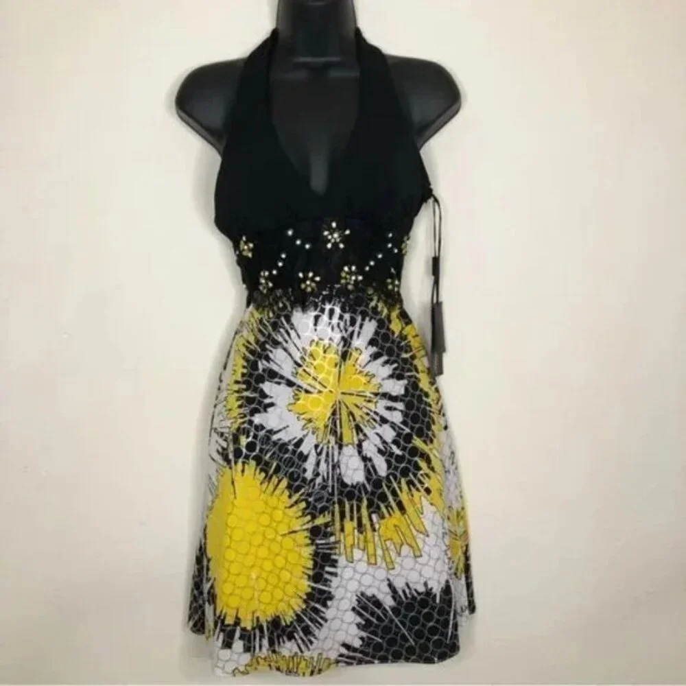 La Femme Beaded Halter Cocktail Dress - Black, White, & Yellow - Size: 0 --- NWT - Picture 1 of 9